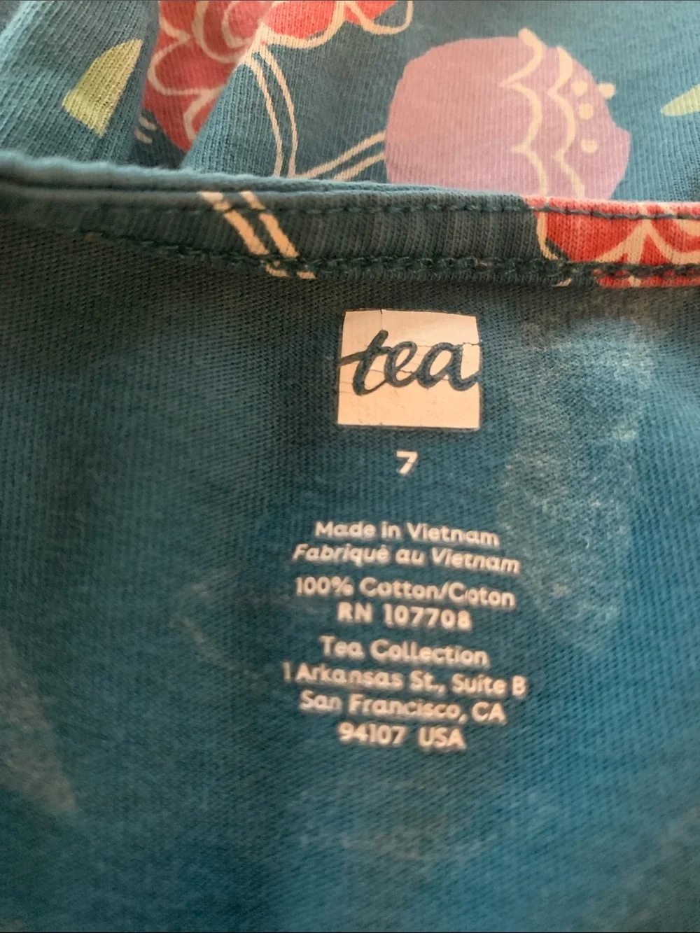 Tea Collection Long Sleeve Floral Empire Waist Cotton Dress Teal Pink Size 7